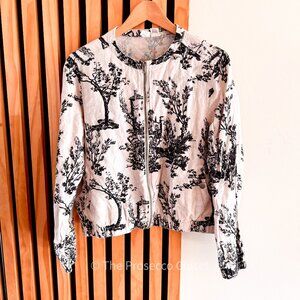 Joie 100% Linen Bomber Jacket Black & White Toile Print Lightweight (L)